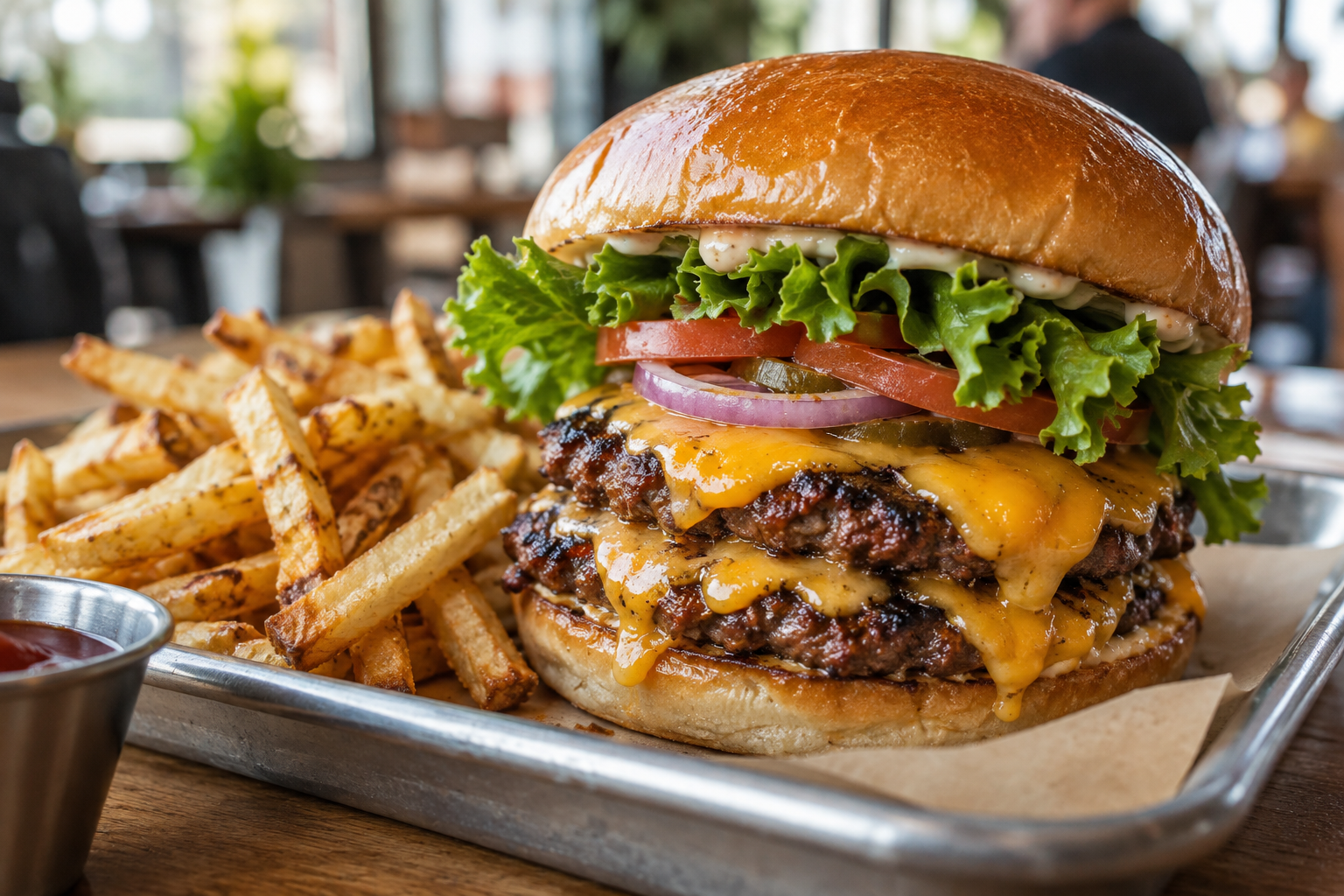 Fresh cheeseburger and fries on a restaurant tray